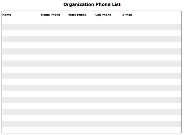 Cuplikan layar daftar telepon organisasi yang dapat dicetak