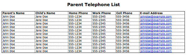 Cuplikan layar template daftar telepon induk