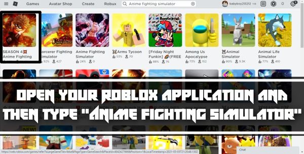 avaa Roblox-sovellus ja kirjoita sitten Anime-taistelusimulaattori